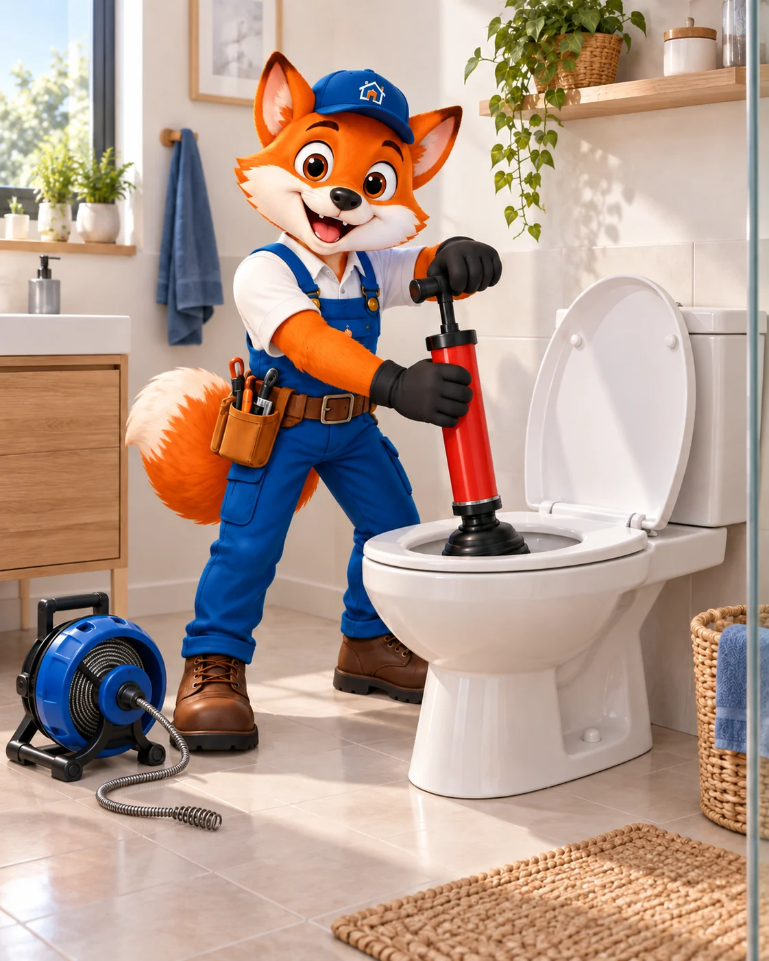 La mascotte débouche un WC avec une pompe ; un furet de débouchage est posé au sol.